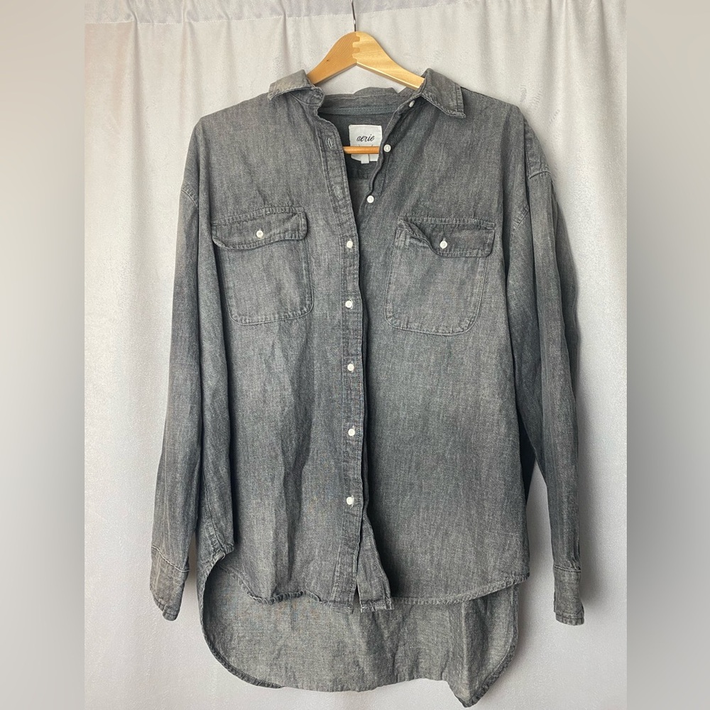 Aerie Dark Gray Minimalist Academia Button-Down Denim cotton school Shirt S/P